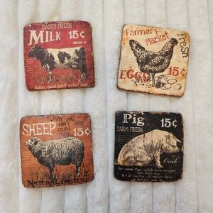 Vintage style Farm Animal Coasters Set Rustic Chic Country Kitchen